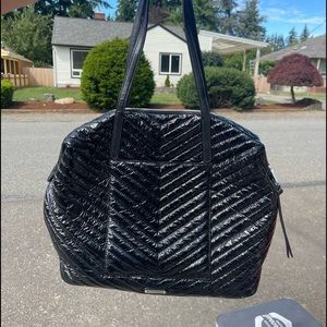 Rebecca Minkoff Stella Chevron Quilted Nylon Zip Black Tote Shoulder Bag Purse